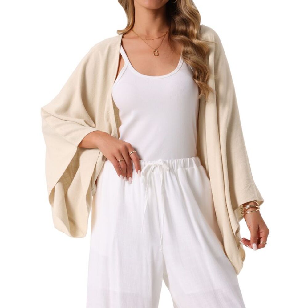 Summer Linen Cardigan 3/4 Sleeve Loose Cover Ups Lightweight Shrug Apricot